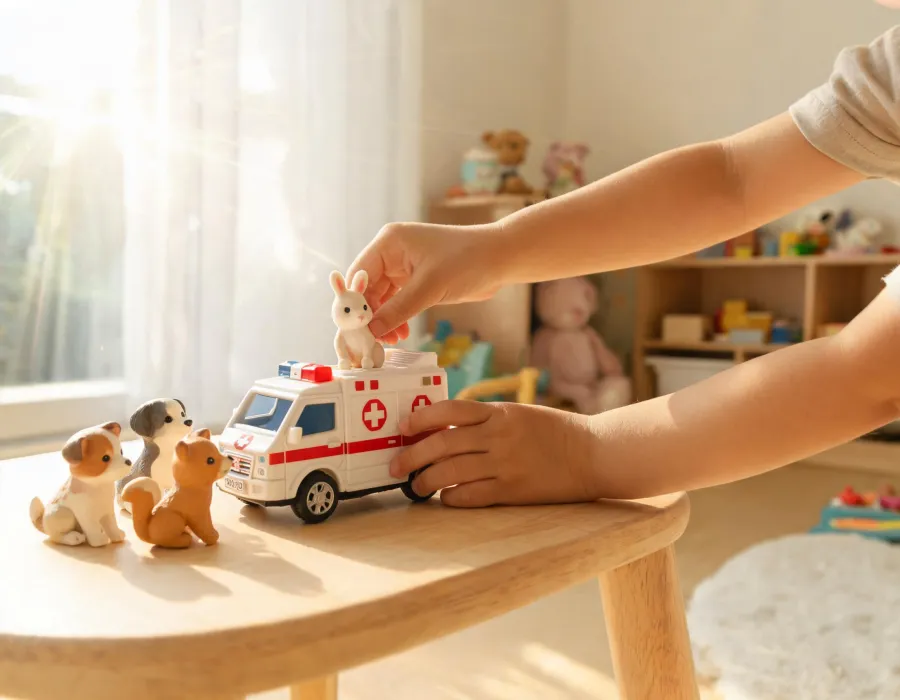 Child building an animal story with toy figures
