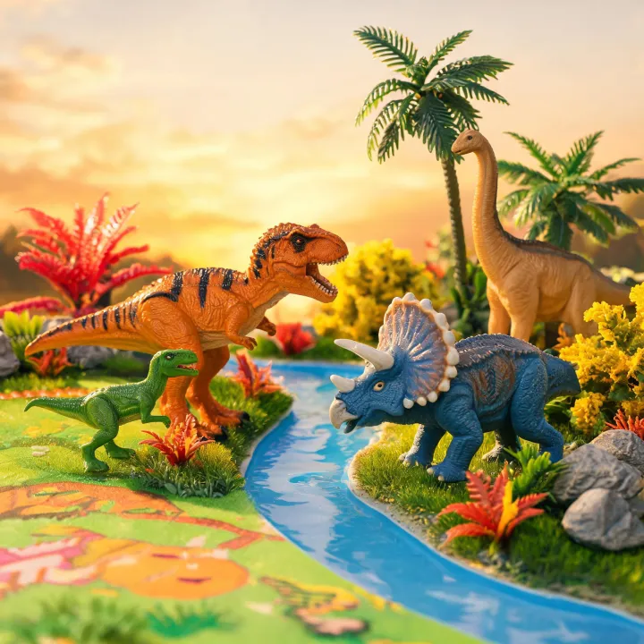 Dinosaur figures in a playful scene
