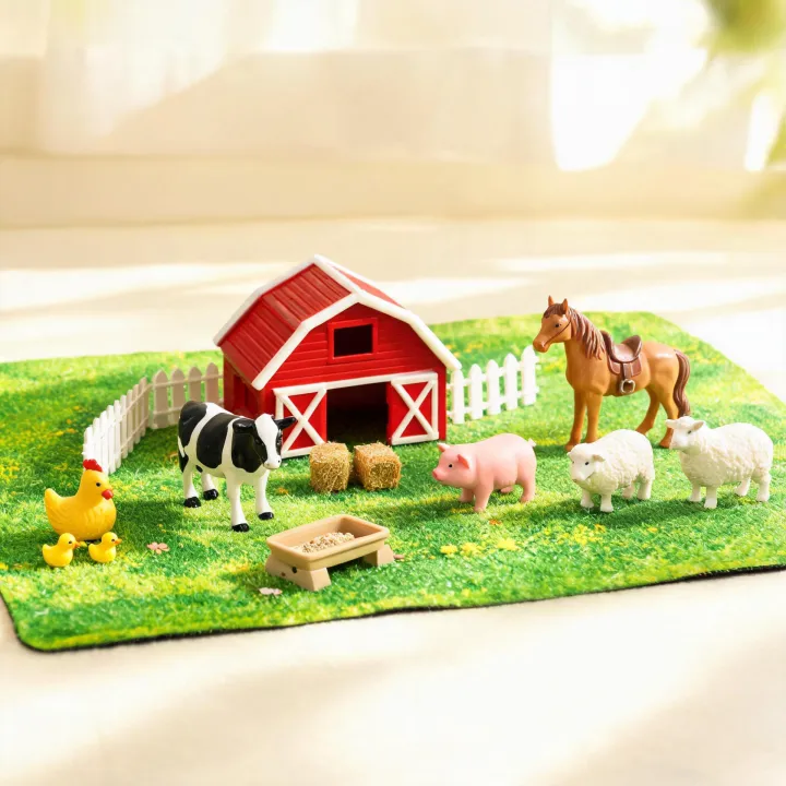Farm animal figures on a play mat
