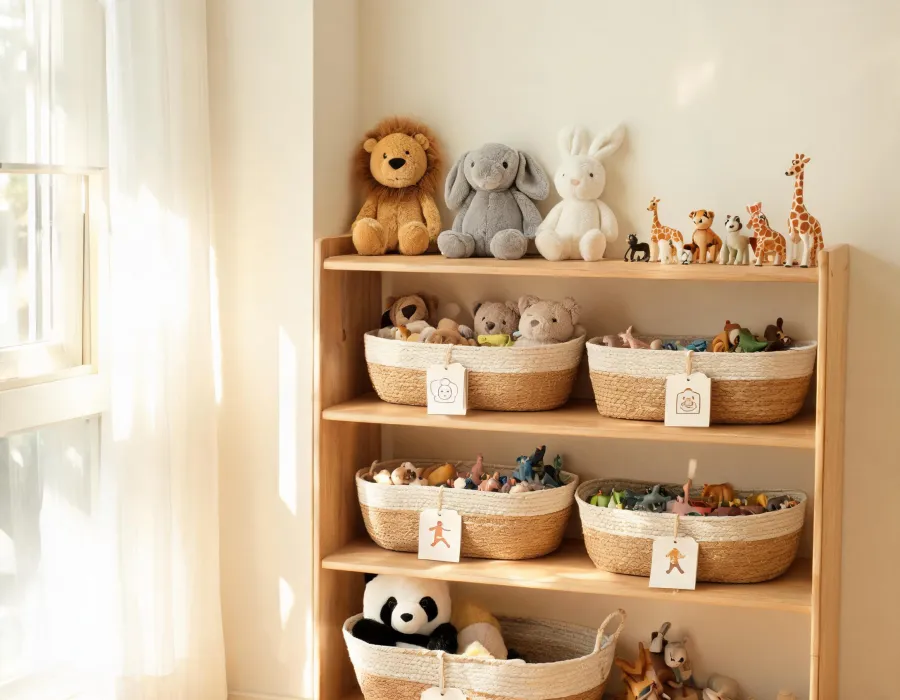 Toy shelf organized by age and theme