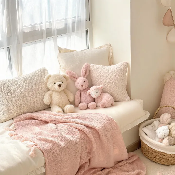 Soft plush animals in a nursery nook