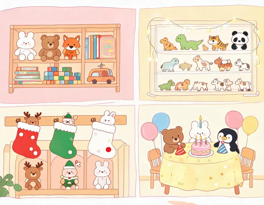Illustrated map of gift occasions and animal toy play scenes