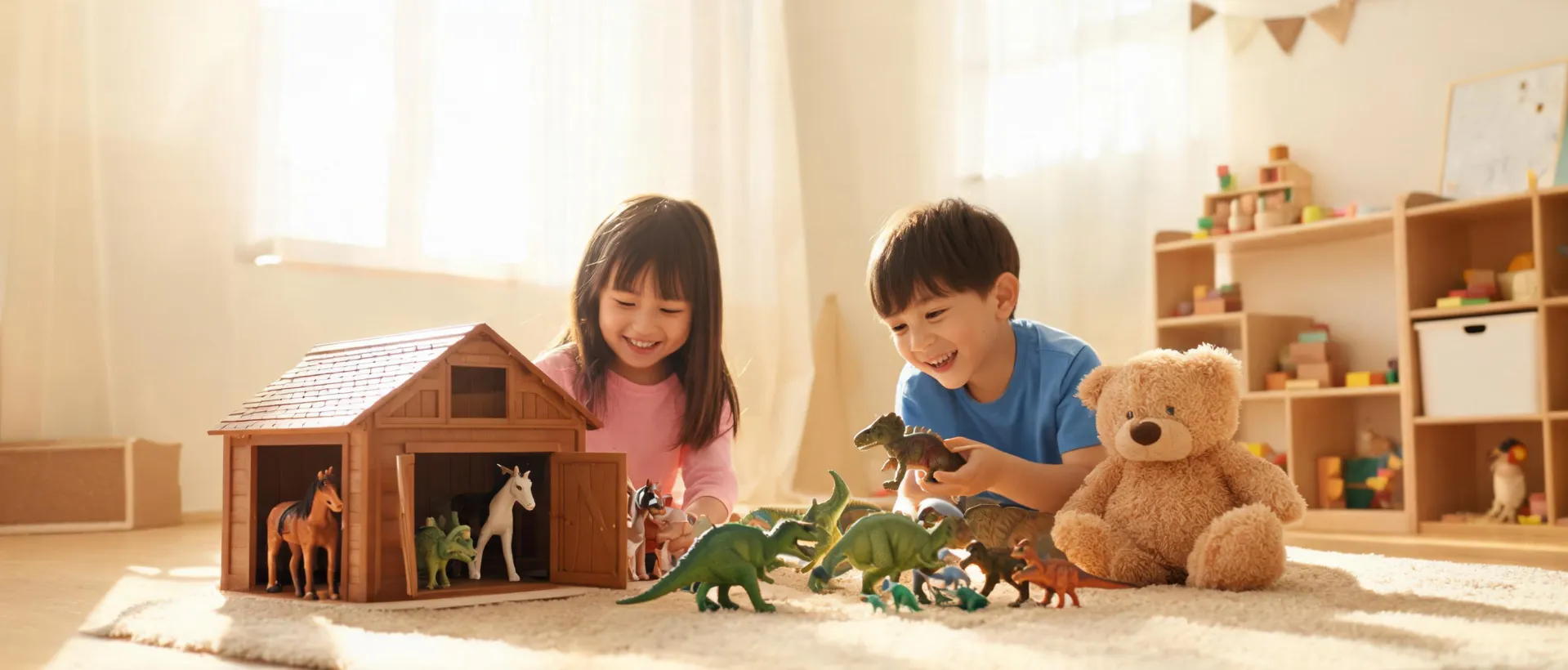 Children building animal stories with Schleich toys