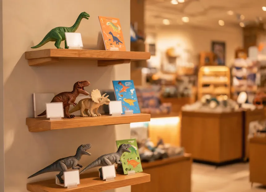 Museum shop shelf with dinosaur toy figures