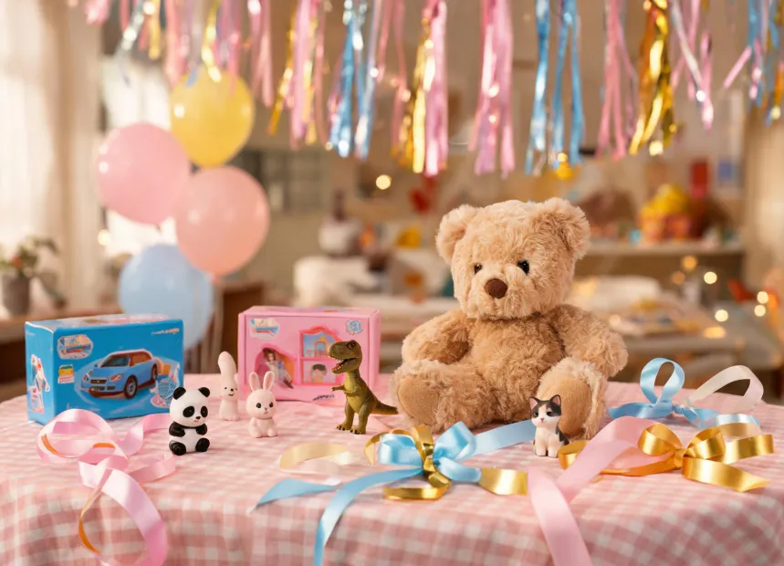 Birthday gift table with animal toy figures